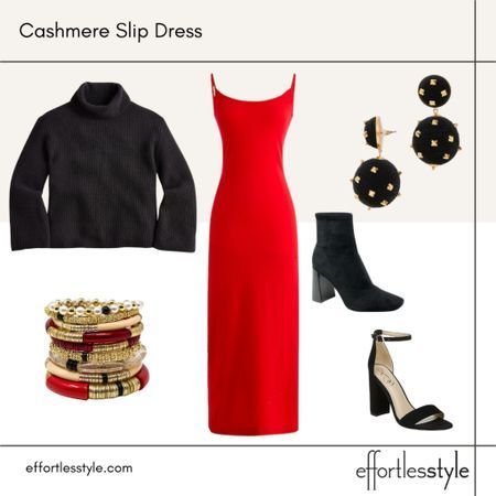 How to take your red up a notch this season ❤ How to wear a sweater over a slip dress | Sweater + Slip Dress Outfit | What to Wear for Valentine's Day | Valentine's Day Date Night Look Red Slip Dress Outfits, Red Midi Dress Outfit, Slip Dress Sweater, Red Dress Date Night, Slip Dress Outfit Winter, Outfits For Holiday, Dress Date Night Outfit, Holiday Party Looks, Slip Dress Outfit