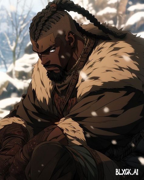 Black Viking Men, Guy Illustration Character Design, Black Fantasy Male, Black Male Reference, Black Male Anime Characters, Anime Black Male, Anime Black Guy, Anime Warrior Men, Black Anime Character Design