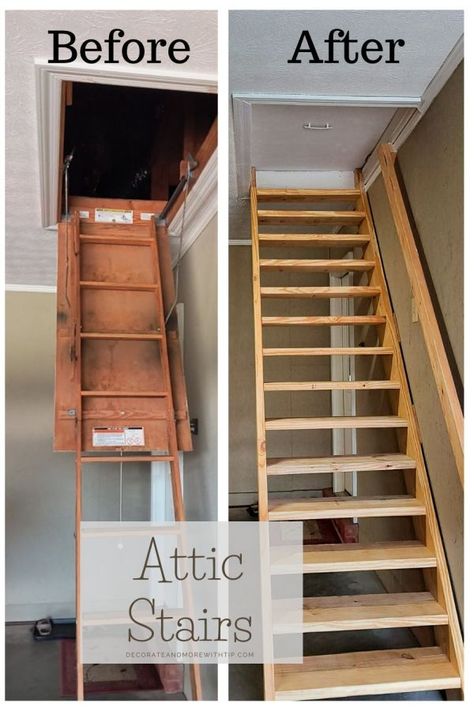 BEFORE AND AFTER ATTIC STAIRS - Decorate with Tip and More Loft In Attic Space, Stairs To Attic In Garage, Bedroom Stairs To Attic, Diy Stairs To Attic, Build Stairs To Attic, Pull Down Attic Stairs With Railing, Attic Stairway Ideas, Building Stairs To Attic, How To Turn Attic Into Living Space