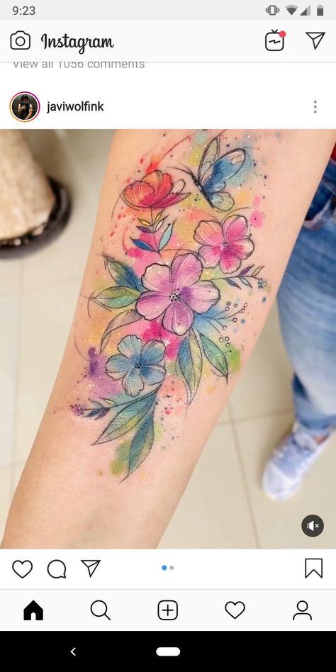 Daisy Sleeve Tattoo For Women, Pastel Watercolor Tattoo, Half Sleeve Tattoos For Women Upper Arm Water Color, Womens Color Tattoos, Watercolor Flowers Tattoo, Flower Tattoos With Color, Watercolor Tattoo For Women Unique, Color Flower Tattoos For Women, Rainbow Flower Tattoo