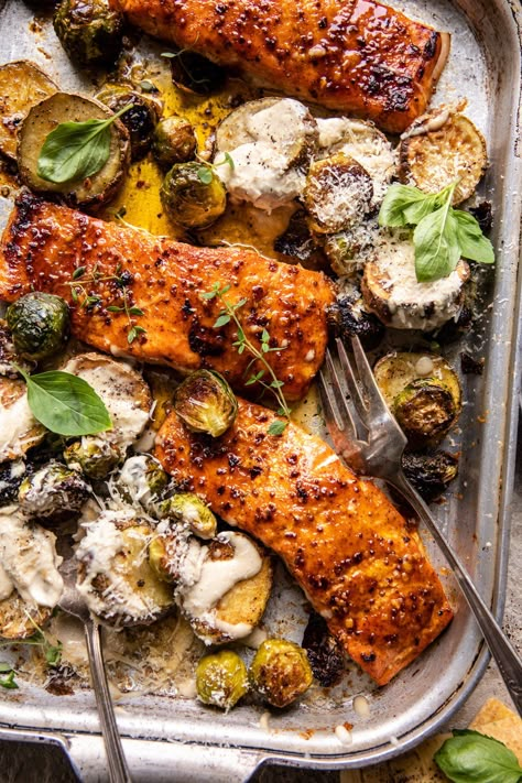 Salmon And Roasted Potatoes, Meals With Roasted Potatoes, Sheet Pan Salmon And Potatoes, Half Baked Harvest Salmon, Sheet Pan Honey Mustard Salmon, Salmon Sheet Pan Dinner, Salmon And Potatoes, Sheet Pan Salmon, Honey Mustard Salmon