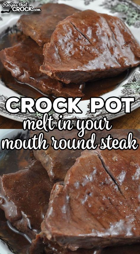 This Melt In Your Mouth Crock Pot Round Steak recipe has it all. It is a dump and go recipe that gives you tender and flavorful beef. Just amazing! Crock Pot Round Steak, Tenderized Round Steak Recipes, Crockpot Round Steak Recipes, Beef Round Steak Recipes, Bottom Round Steak Recipes, Round Eye Steak Recipes, Beef Bottom Round Steak, Round Steak Recipe, Top Round Steak Recipes