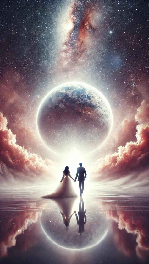 A passionate display of the Divine Masculine embracing the Divine Feminine, expressing an ethereal couple aesthetic. Walking together towards their dreams beneath a cosmic wedding of stars, symbolizing eternal love and celestial romance. Ethereal Couple, Fantasy Couple Romantic, Twin Flame Couple, Cosmic Wedding, Ascension Art, Aesthetic Walking, True Love Images, Romantic Picture, Walking Together