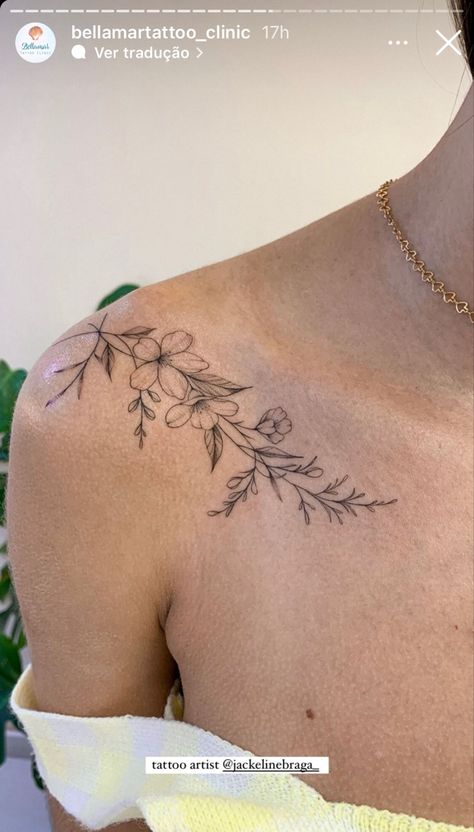 Abg Tattoo Ideas, Floral Writing Tattoo, Mother Daughter Tattoo Flower, Shoulder Flower Vine Tattoos For Women, Cute Tattoo Placements For Women, Women's Spine Tattoos, Wrapped Flower Tattoo, Pretty Floral Tattoos, Collarbone Floral Tattoo