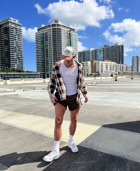 Florida Guy Outfits, Florida Fits Men, California Aesthetic Outfit Men, White Boy Summer Outfits, Summer Outfits Men Shorts Street Styles, Outfit Short Hombre, Amusement Park Outfit Men, Sando Outfit For Men, Muscle Tee Outfit Men