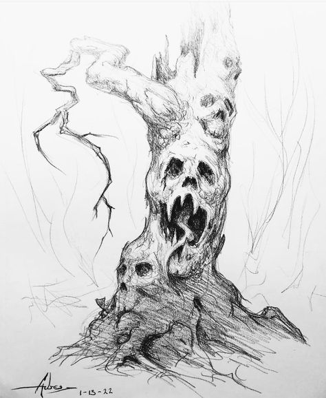 Scary Trees Drawing, Ogre Drawing, Scary Tree Drawing, 500 Drawing Prompts, Evil Tree, Book Of Monsters, Cover Drawing, Tree Monster, Monster Sketch