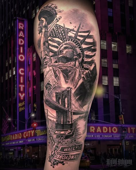 New York Leg Tattoo, Usa Sleeve Tattoo, New York Tattoo Ideas For Men, New York City Tattoo Ideas, Tattoo Ideas New York, Ny Tattoo Ideas New York, Brooklyn Tattoo Ideas, Usa Tattoo Ideas, New York Tattoo Ideas