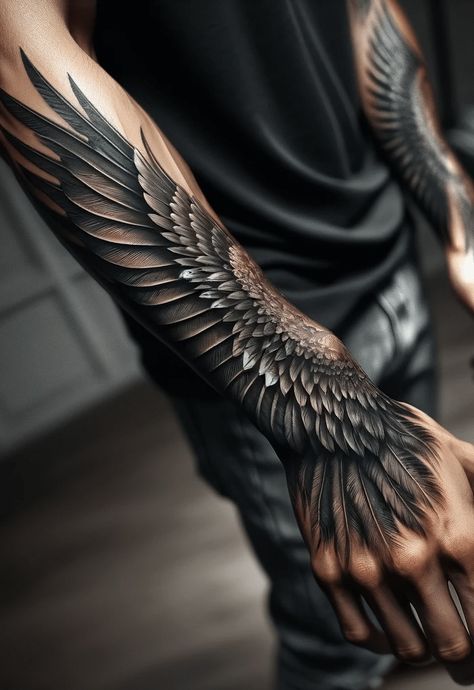 Make Arm Tattoos, Wings On Forearm Tattoo, Tattoo Wings Arm, Wing Hand Tattoo, Wing Forearm Tattoo For Men, Forearm Feather Tattoo, Eagle Wing Tattoos Arm, Wing Sleeve Tattoo, Inside Forearm Tattoo For Men