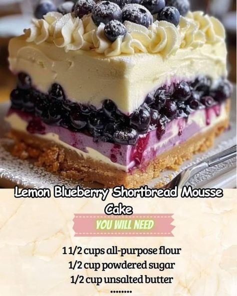 Grandma's Secret Recipes | Lemon Blueberry Shortbread Mousse Cake- This is such a great recipe | Facebook Lemon Blueberry Shortbread Mousse Cake, Blueberry Shortbread, Shrimp Cocktails, Breakfast Casseroles, Shrimp Cocktail, Mousse Cake, Lemon Recipes, Lemon Blueberry, Secret Recipe