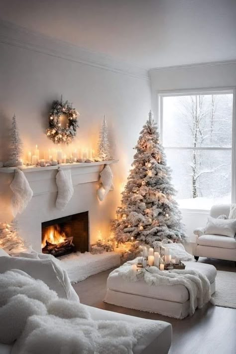 White Christmas Room Decor, White Christmas Living Room, White Christmas Tree Decorating Ideas, White Christmas Tree Decor, Elegant Christmas Decor Ideas, Vintage White Christmas, Up Decorations, White Christmas Tree Decorations, Porch Diy