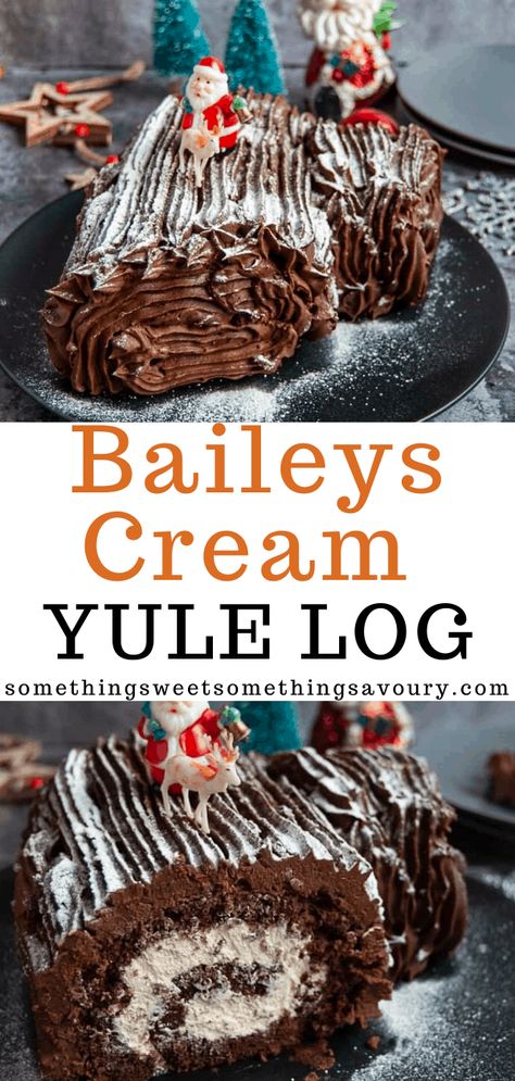 It wouldn't be Christmas Time without a Yule Log! A rich chocolate sponge filled with Baileys whipped cream and topped with a silky chocolate ganache. #yulelogrecipe #baileysyulelogrecipe #chocolateyulelogrecipe Easy Yule Log Recipe, Chocolate Yule Log Recipe, Rolled Cakes, Baileys Cream, Log Cakes, Christmas Confections, Yule Log Cake Recipe, Boozy Treats, Yule Log Recipe