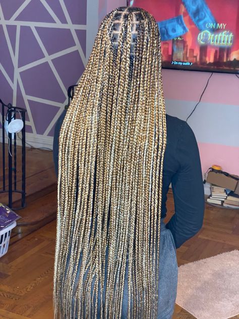 Medium Knotless Braids Blonde And Brown, Different Color Brown Knotless Braids, Two Toned Blonde Knotless Braids, Blonde Plaits Box Braids, Golden Knotless Braids, Honey Blonde Plaits, Homey Blonde Knotless Braids, Blonde Brown Black Knotless Braids, Knotless Braids With Mixed Color