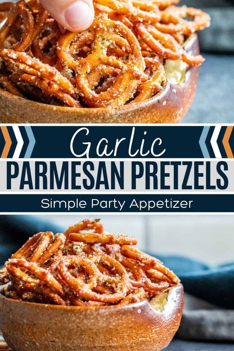 This easy Garlic Parmesan Pretzel recipe is ready in about 10 minutes and requires little prep work. The hard pretzel twists are baked in butter and spices then tossed in grated Parmesan cheese and parsley. Makes a great last minute party snack or game day appetizer. Easy Pretzel Snacks, Pretzel Party Snacks, Pretzel Twists Recipe, Flavor Pretzels Recipe, Uses For Pretzels, Last Minute Party Snacks, Snack Pretzel Recipes, Easy Shareable Snacks, Savory Pretzel Recipe