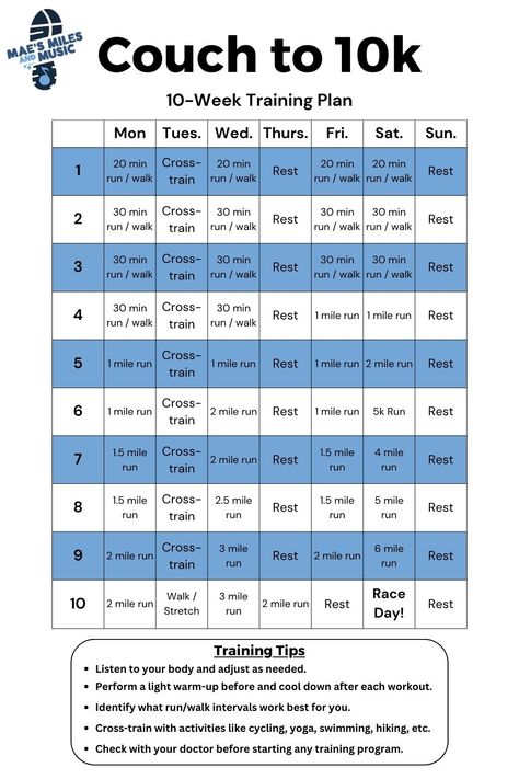 A couch to 10k training plan that spans ten weeks and provides insight each day. Walking/running, cross training, and resting are all important parts of this training schedule for beginner runners. 10 Week Running Plan, How To Train For A 10 Mile Race, 10 K Running Plan For Beginners, Running Program 10k, Running 10k Plan, 10k Training Schedule 10 Week, Training For A 10k Beginner, Preparing For A 10k Run, 6k Training Plan