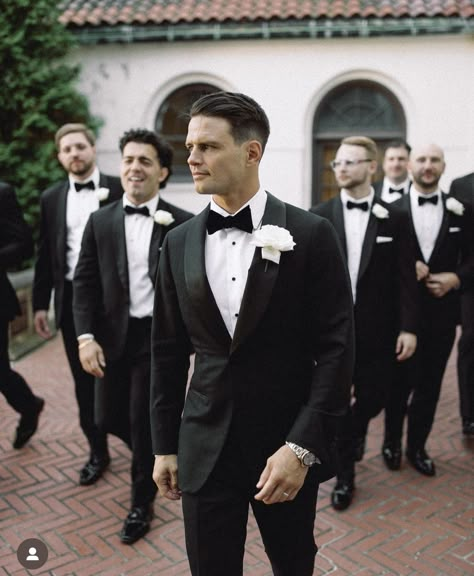 Groomsmen Tuxedos Black, Dark Grey Groomsmen, Groomsmen Attire Black, Black Tux Wedding, Black Tuxedo Wedding, Bond Hair, Black Tie Optional Wedding, Groomsmen Wedding Photos, Fancy Suits