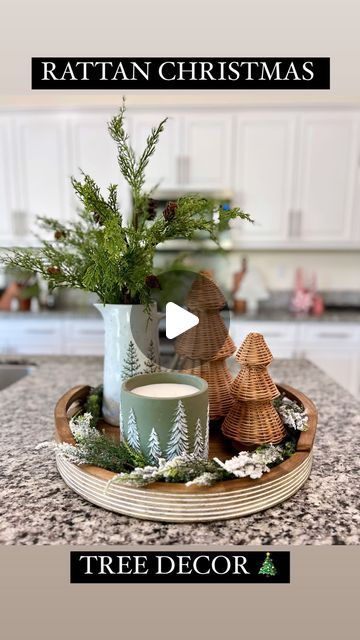 Ryan Armendariz on Instagram: "Rattan Christmas Trees!! LOVE these adorable little Christmas trees! They look amazing sitting next to anything! I styled mine in a round tray and added some florals and a candle! Grab these before they sell out!! COMMENT “RATTAN” to have a link sent to your DM!! **Also linked in my LTK, click my bio to shop!  https://liketk.it/4VCkz #decoratewithme #christmasaesthetic" Christmas Round Tray Decor, Christmas Island Centerpiece Ideas, Round Tray Decor, Island Centerpiece Ideas, Christmas Tray Decor, Christmas Tray, Little Christmas Trees, Island Decor, Round Tray