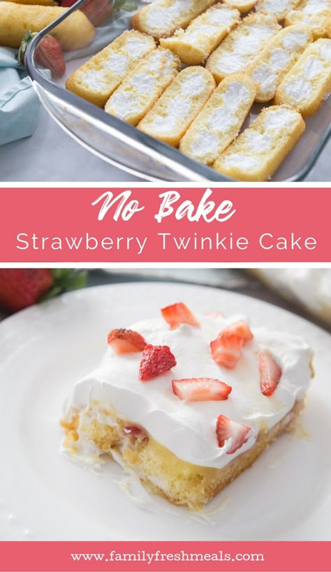 No Bake Strawberry Twinkie Cake recipe #familyfreshmeals #cake #nobake #strawberry #twinkie #twinkiecake #summerrecipe Twinkie Cake Recipe, Twinkie Desserts, Twinkie Cake, Cabin Food, Bubble Bread, No Bake Recipes, Cake Strawberry, Family Fresh Meals, Baked Strawberries