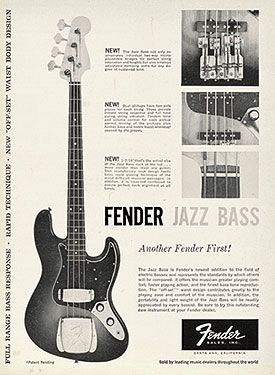 1960: The first ad for the new Jazz Bass Types Of Bass Guitars, Bass Guitar Poster, Music Magazine Design, Guitars Poster, Fender Jazz Bass Guitar, Fender Poster, Music Advertisement, Larry Graham, Bass Guitar Art