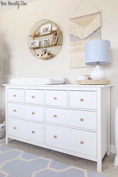 Nursery Dresser #nursery #nurserydecor #baby #babyboy #nurseryideas #nurseryart #nurseryroom #nurseryfurniture Ikea Hemnes Dresser, Hemnes Dresser, Ikea Baby, Ikea Nursery, Baby Dresser, Ikea Dresser, Nursery Dresser, Ikea Hemnes, Ikea Furniture Hacks