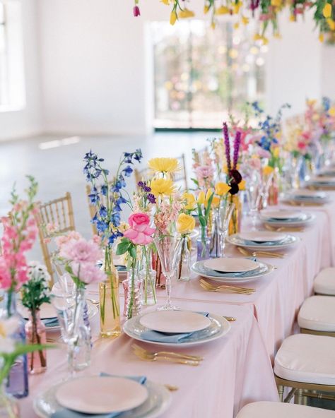 Simple Bright Wedding Centerpieces, Table Flowers For Wedding Reception, Wild Flower Place Setting, Small Wedding Touches, Bright Color Wedding Decor, Bridgeton Wedding, Spring Wedding Table Decor, Bright Floral Wedding, Floral Table Arrangements