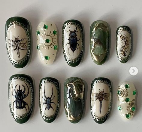 Acrylic Nail Designs Grunge, Beetle Nails, Zelda Nails, Eclectic Nails, Blush Nail Designs, Insect Nails, Blush Nail, Hippie Nails, Punk Nails