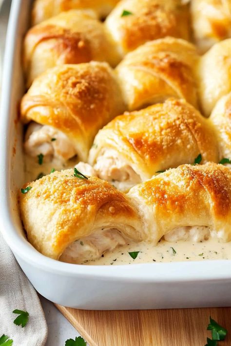 Chicken Crescent Roll Ups - There’s something wonderfully nostalgic about a good Chicken Crescent Roll-Up. Every time I make these, I’m reminded of cozy family dinners, where comfort food took center stage and life felt just a little bit simpler. These roll-ups bring back all those cozy vibes with a modern twist—perfectly creamy, flaky, and Crescent Roll Chicken Roll Ups, Chicken Crescent Roll Ups, Savory Potluck Dishes, Chicken Crescent Roll Recipes, Chicken Roll Recipes, Crescent Roll Dinner, Crescent Roll Ups, Cowboy Queso, Creamy Beef And Shells