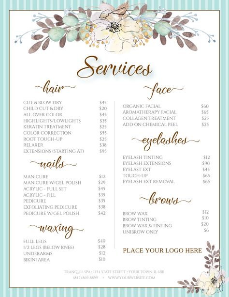 Spa Menu Template – chasiupaperstimes Salon Service Menu Ideas, Salon Services Menu Ideas, Spa Day Gift, Spa Day Gifts, Salon Price List, Spa Menu, Eyelash Tinting, Menu Design Template, Business Checklist