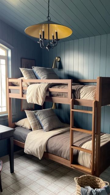 Ashlyn | Home Decor + Interior Design on Instagram: "The paint is the main character in the boys room! ✨

Paint color: Slate Tile by Sherwin Williams 

#homedecor #bunkbeds #kidsroom #bedroomdesign #paint" Bed With Wall Sconces, Sw Slate Tile, Bunk Bed Boys Room, Boys Room Bunk Beds, Plaid Bedroom, Shared Bedroom Ideas, Shared Boys Rooms, Boys Room Blue, Bunk Beds Boys