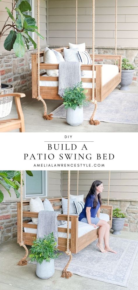 Swing Bed Porch, Front Porch Furniture Ideas, Bed Porch Swing, Porch Furniture Ideas, Build A Porch, Farmhouse Porch Swings, How To Build A Porch, Build A Patio, Diy Porch Swing Bed