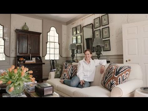 (6) A House Tour at Colonial Williamsburg With Heather Chadduck Hillegas - YouTube Heather Chadduck Hillegas, Homeworthy House Tours, Colonial Williamsburg Interiors, Blue Grey Paint, Heather Chadduck, Colonial Style Interior, Schumacher Homes, Colonial Living Room, Upholstery Details