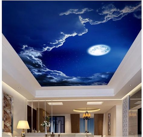 3d Ceiling, Wallpaper Romantic, Portrait Wallpaper, Wallpaper Painting, Sky Ceiling, Custom Photo Wallpaper, Night Sky Moon, Roof Paint, 3d Portrait