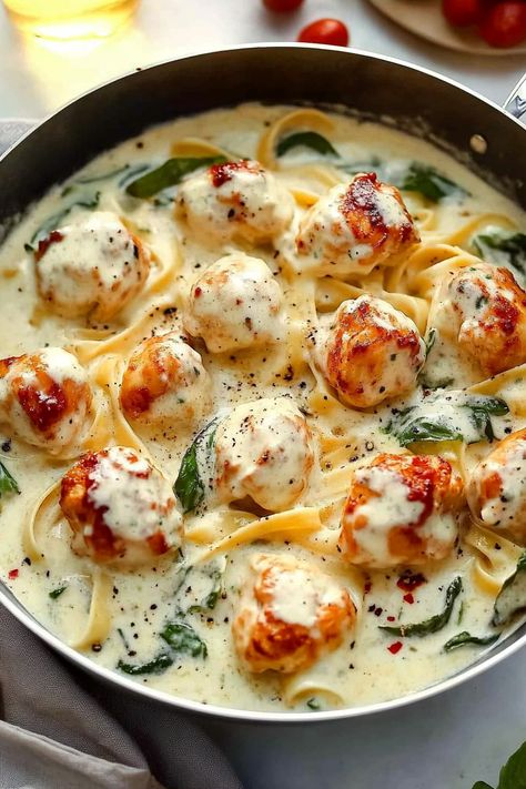 Chicken Fettuccine Alfredo Pretty Meals, Creamy Italian Pasta, Asparagus Broccoli, Garlic Meatballs, Simple Sides, Pan Seared Chicken Breast, Chicken Fettuccine Alfredo, Bbq Meatballs, Chicken Fettuccine