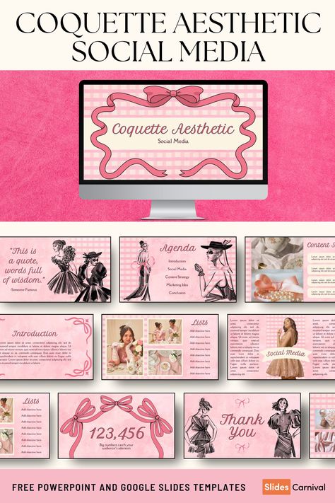 Bring a touch of vintage charm to your social media content with our Coquette Aesthetic Social Media Slides. Crafted for everyone, this classic and pink-themed slideshow template is perfect for influencers, small business owners, and content creators looking to captivate their audience. Use it to showcase your latest updates, new products, or engaging stories with style and elegance. Pink Canva Template, Coquette Ppt Template, Business Theme Ideas, Coquette Powerpoint Template, Slideshow Ideas Google Slides, Canva Slides Template, Coquette Google Slides, Cute Presentation Ideas, Coquette Slideshow