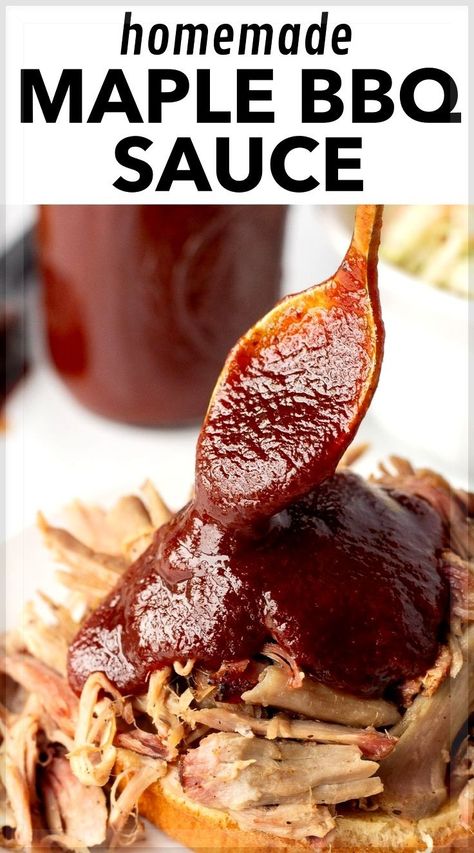 Create a batch of smoky sweetness with this homemade maple BBQ sauce! You can make grilling quick and flavorful with this maple-infused delight. This easy recipe brings the perfect balance of sweet & savory, ideal for brisket, chicken, meatballs, wings, pulled pork, and ribs. Discover more easy lunch and dinner recipes at hotpankitchen.com! Pork Bbq Sauce Recipe, Maple Bbq Sauce Recipe, Maple Bbq Sauce, Honey Bbq Sauce Recipe, Pulled Pork Sauce, Bacon Bbq Sauce, Easy Bbq Sauce, Bbq Sauce Homemade Easy, Homemade Bbq Sauce Recipe