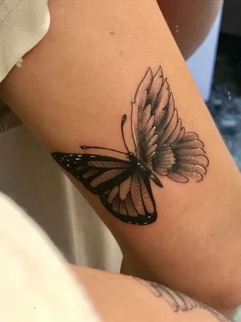 Remembrance Sleeve Tattoos, Angle Butterfly Tattoo, Butterfly Tattoo In Memory Of, Angel Wing And Butterfly Tattoo, Butterfly Tattoo Feminine, Butterfly Tattoo With Fingerprint, Memorial Tattoo Butterfly, Angel Wing Butterfly Tattoo, Half A Butterfly Wing Tattoo