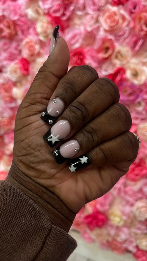 Black French Tip Nails Square Short, Black French Tip Nails With Stars, Short Black French Tip Nails With Design, Black French Tip With Rhinestones, Black French Tips With Rhinestones, Batman Nails Acrylic, Black French Tip Nails Coffin, Black French Tip Designs, Black French Tip Nails Short