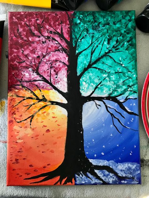 Seasons Changing Art, Seasons Artwork, Tree Branches Art, 4 Seasons Art, Four Seasons Painting, Tree Seasons, Multi Canvas Painting, Four Seasons Art, Tree Of Life Artwork