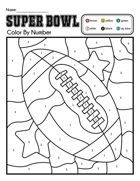 Free football coloring pages for NFL party or a Super Bowl color by number activity for kids. Football player printable color page and more. Super Bowl Activities For Preschoolers, Nfl Coloring Pages Free Printable, Football Kids Crafts, Football Art Projects For Kids, Superbowl Coloring Pages, Holiday Color By Number Free Printables, Football Coloring Sheets, Superbowl Preschool Activities, Super Bowl Coloring Pages