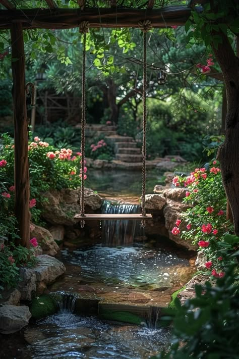 Cool Pond Ideas, Cool Backyard Features, Magical Backyard Landscaping, Fairy Inspired Garden, Garden Aesthetic Ideas, Water In Garden, Stream In Garden, Waterfall In House, Small House With Garden