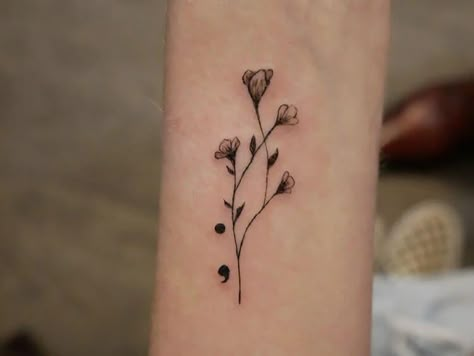 Semicolon and Flowers tattoo Semi Colon Tattoo Flower, Semicolon Wrist Tattoo, Semicolon Tattoo Ideas, Semicolon Tattoos, Tattoos Ideas For Women, Grandma Tattoos, Colon Tattoo, Tattoo With Flowers, Hyper Realistic Tattoo