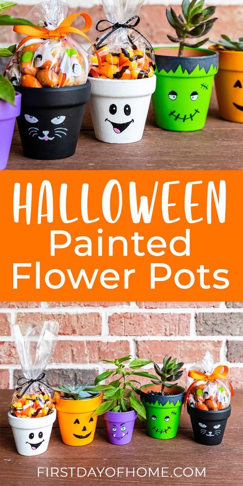 Learn how to paint Halloween flower pots with 5 different characters. This is an easy beginner tutorial with only a few supplies. #firstdayofhome #halloween #paintedpots Fall Crafts With Clay Pots, Halloween Topsy Turvy Pots, Halloween Plant Pots Diy, Terracotta Pots Crafts Fall, Flower Pot Halloween Crafts, Halloween Planters Diy, Fall Painted Clay Pots, Halloween Clay Pots To Paint, Halloween Terra Cotta Pot Crafts Diy