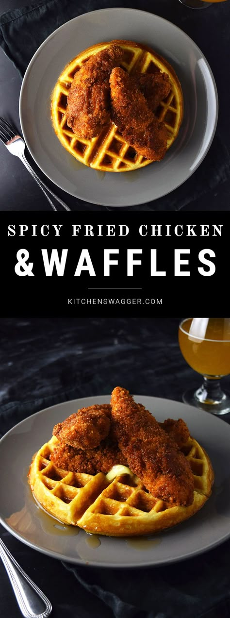 Mildly spicy fried chicken tenders over a belgian waffle. Chicken Waffles Recipe, Chicken And Waffles Recipe, Chicken N Waffles, Spicy Fried Chicken, Fried Chicken And Waffles, Chicken Waffles, Dinner Ideas Recipes, Fried Chicken Tenders, Fluffy Waffles