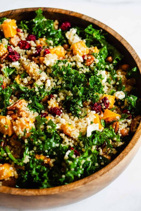 Butternut Squash Kale Salad Kale Salad Butternut Squash, Fall Salad Quinoa, Roasted Acorn Squash Salad, Kale Fall Salad Recipes, Fall Vegetable Side Dishes Healthy, Kale Butternut Squash Recipes, Vegan Fall Salads, Thanksgiving Recipes Protein, Fall Salad Vegan