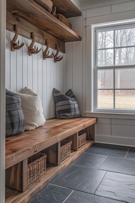 29 Modern Farmhouse Interior Ideas for a Cozy and Stylish Home 8 Farmhouse Chic Laundry Room, Stone Mudroom Floor, Farmhouse Interior Ideas, Mudroom Design Ideas, Modern Farmhouse Mudroom, Modern Farmhouse Interior, Farmhouse Mudroom, Fall Bedroom Ideas, Barn Houses