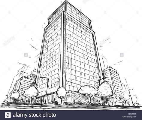 Cartoon vector architectural drawing sketch illustration of city street with high rise building. Stock Vector Sketches Perspective, Drawing Graphic Design, Building Vector, Perspective Drawing Architecture, Architectural Sketches, Perspective Drawing Lessons, Building Sketch, Building Drawing, Building Illustration