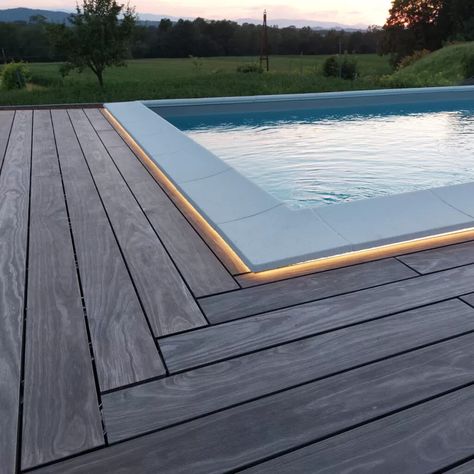 Accoya Color pool decking with LED lighting - Accoya Acetylated Wood | High performance, long life modified wood project case study Pool With Wood Deck, Wood Pool Deck, Decks Around Pools, Deck Gate, Pool Decking, Gate Fence, Deck Colors, Small Pool Design, Pool Installation