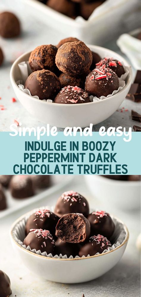 Elevate your holiday treats with these irresistible Boozy Peppermint Dark Chocolate Truffles. Combining rich dark chocolate with refreshing peppermint schnapps, this easy recipe is perfect for festive gatherings or as a thoughtful gift. With a creamy ganache center and a dusting of cocoa powder, each truffle is a luxurious bite of indulgence. Impress your family and friends with these delightful morsels, showcasing your culinary skills while spreading holiday cheer. Bake Day Ideas, Christmas Recipe Dessert, Biscoff Truffles, No Bake Truffles, Chocolate Truffles Recipe, Peppermint Truffles, Peppermint Schnapps, Peppermint Dessert, Christmas Truffles