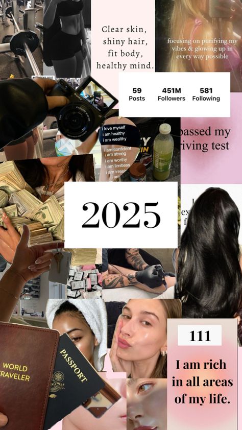 2025 vision board  111 New Year Better Me, Girl Salon, Manifesting Vision Board, Dream Vision Board, Vision Boards, Better Me, Shiny Hair, Glow Up?, My Vibe