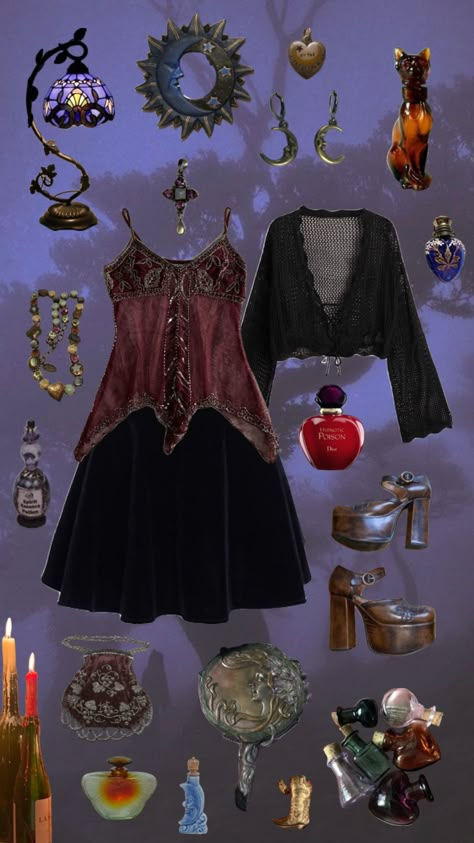 whimsigoth outfit 🦇🕯️🌛 #outfitinspo #vintage #whimsigoth #whimsical #whimsigothic #whimsigothaesthetic #witch #witchy #vibes #beauty #fitinspo #outfitideas #falloutfit #witchyaesthetic #moon Black Crochet Cardigan, Black Velvet Mini Skirt, Whimsigoth Aesthetic, Whimsigoth 90s, Witchy Outfits, Hand Held Mirror, Goth Outfit Ideas, Fairy Outfit, Emo Style