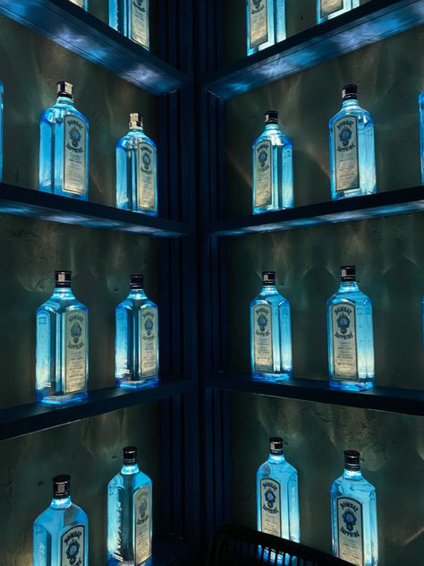 Blue Bar Aesthetic, Blue Alcohol Aesthetic, Blue Drink Aesthetic, Drink Bottle Aesthetic, Gin Aesthetic, Hotel Blue Moon, Mischa Bachinski, Aesthetic Bottle, Blue Gin